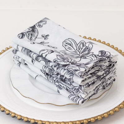 5-Pack French Toile Polyester Cloth Napkins â€“ 17’’x17’’ Black and White Reusable Table Napkins in Floral Design