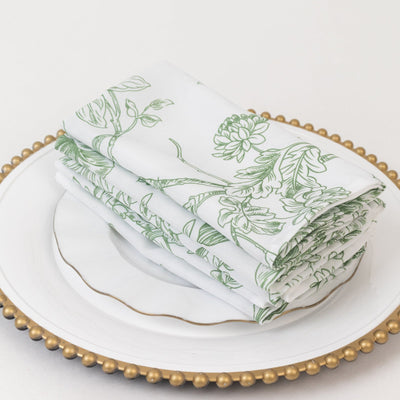 5-Pack French Toile Polyester Cloth Napkins â€“ 17’’x17’’ Dusty Sage Green and White Reusable Table Napkins in Floral