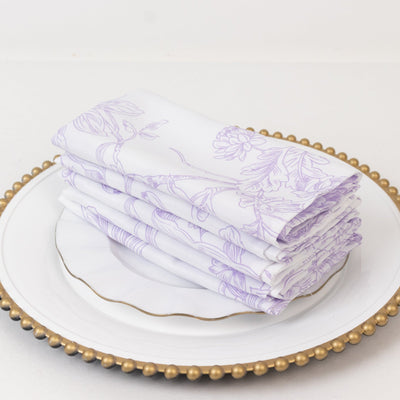 5-Pack French Toile Polyester Cloth Napkins â€“ 17’’x17’’ Lavender Lilac and White Reusable Table Napkins in Floral