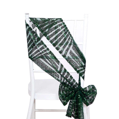 5 Pack Glitz Sequin Chair Sashes with Geometric Diamond Design 6’’x88’’ Hunter Emerald Green - Chair Sashes
