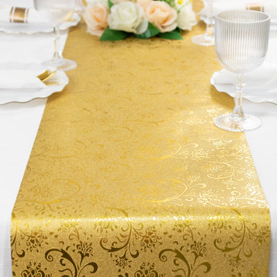 5 Pack Gold Glitter Paper Table Runners with Vintage Floral Vine Pattern - 10ft Disposable Wedding & Party Table