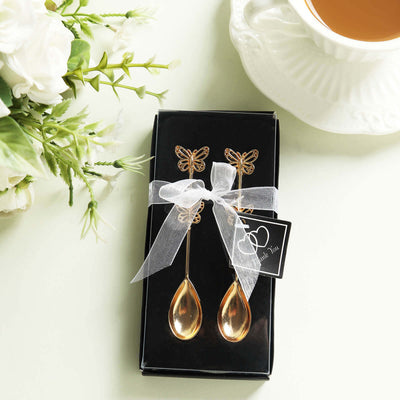 5 Pack Gold Metal Butterfly Handle Dessert Spoons in Clear Top Black Gift Box Pre-Packed Mini Espresso Coffee Spoons