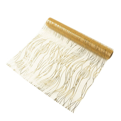 5 Pack Organza 12’’x108’’ Table Runners Gold - Gold Wave Design - Runners