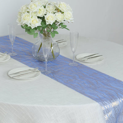 5 Pack Organza 12’’x108’’ Table Runners Royal Blue - Gold Wave Design - Runners