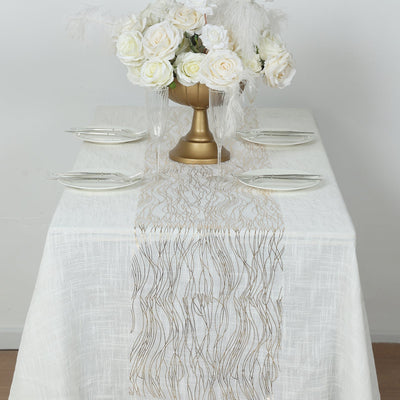 5 Pack Organza 12’’x108’’ Table Runners White with Gold Foil Wave Design - Disposable Stylish Event Decoration - Runners