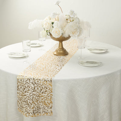 5 Pack Organza Mesh 11’’x108’’ Table Runner Rolls White with Gold Foil Leaf Vines - Disposable Stylish & Chic Table