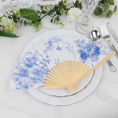 5-Pack Paper Folding Fans Party Favors in White & Blue French Toile Pattern Handheld Fans with Bamboo Frame