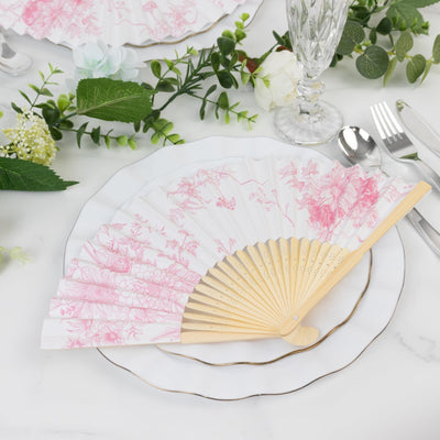 5-Pack Paper Folding Fans Party Favors in White & Pink French Toile Pattern Handheld Fans with Bamboo Frame