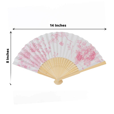 5-Pack Paper Folding Fans Party Favors in White & Pink French Toile Pattern Handheld Fans with Bamboo Frame