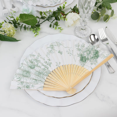 5-Pack Paper Folding Fans Party Favors in White & Sage Green French Toile Pattern Handheld Fans with Bamboo Frame