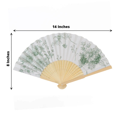 5-Pack Paper Folding Fans Party Favors in White & Sage Green French Toile Pattern Handheld Fans with Bamboo Frame