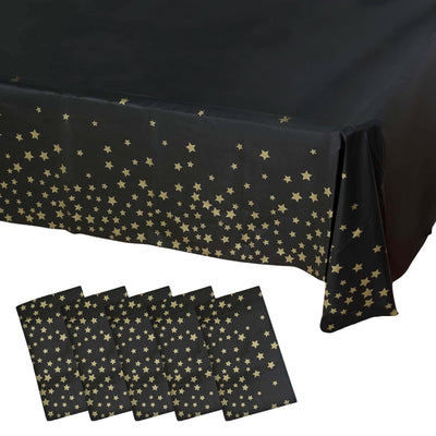 5-Pack Plastic Table Covers Black Rectangle with Gold Stars - Decorative PVC Disposable Tablecloths 54’’x108’’