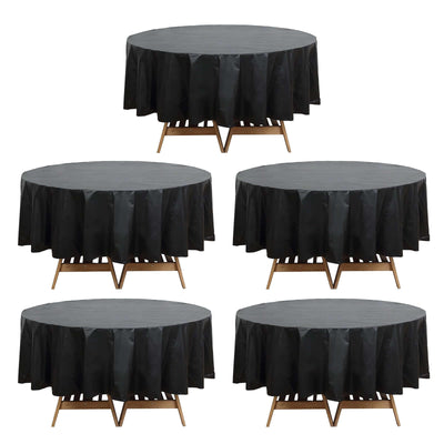 5-Pack Plastic Table Covers Black Round - Durable PVC Disposable Tablecloths for Events 84’’