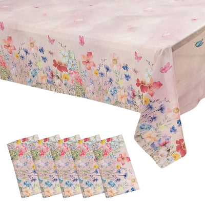 5-Pack Plastic Table Covers Blush Rectangle with Butterfly Floral Print - Decorative PVC Disposable Covers 54’’x108’’