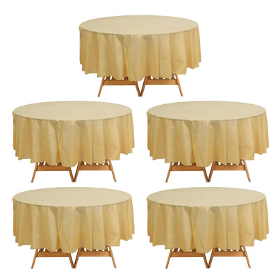 5-Pack Plastic Table Covers Gold Round - Durable PVC Disposable Tablecloths for Events 84’’