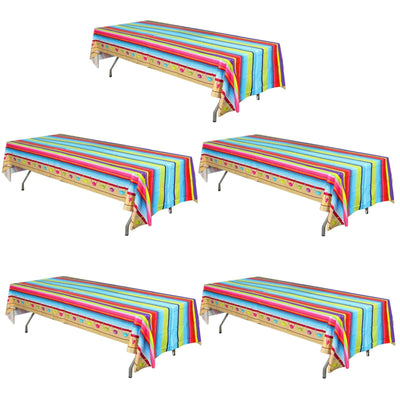 5-Pack Plastic Table Covers Mexican Serape Rectangle - Vibrant PVC Disposable Tablecloths for Cinco De Mayo 54’’x108’’