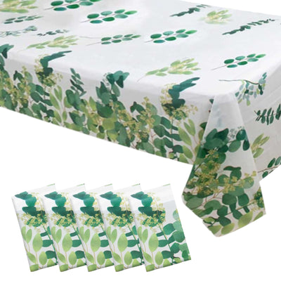 5-Pack Plastic Table Covers White/Green Rectangle with Eucalyptus Leaves Print - Decorative PVC Disposable Tablecloths