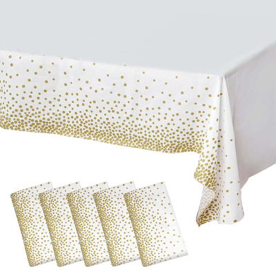 5-Pack Plastic Table Covers White Rectangle with Gold Confetti Dots - Durable PVC Disposable Tablecloths for Events