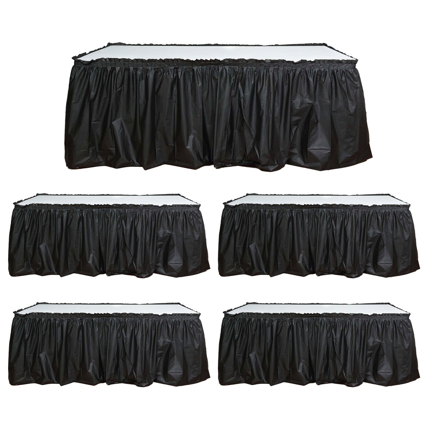 5 Pack Plastic Table Skirts Black Ruffled - Durable Disposable Skirts for Events 14ft