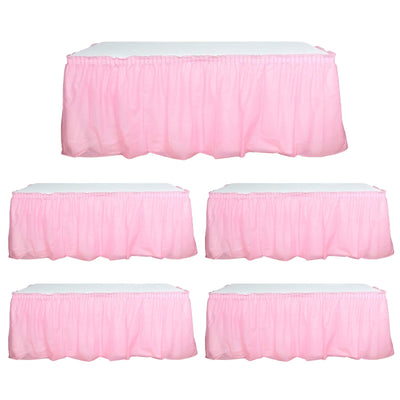 5 Pack Plastic Table Skirts Pink Ruffled - Durable Disposable Skirts for Events 14ft - Table Skirts