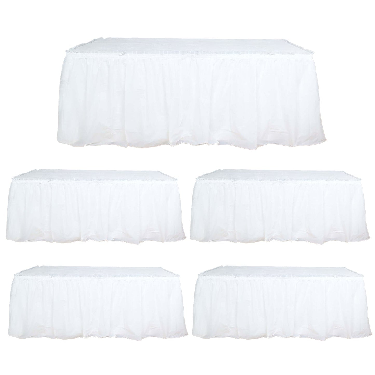5 Pack Plastic Table Skirts White Ruffled - Durable Disposable Skirts for Events 14ft
