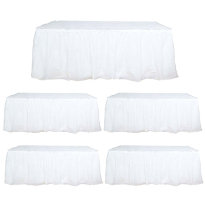 5 Pack Plastic Table Skirts White Ruffled - Durable Disposable Skirts for Events 14ft