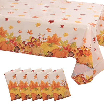 5-Pack Plastic Tablecloths Orange Thanksgiving Rectangle with Fall Leaves Pumpkin Print - Festive PVC Disposable Table