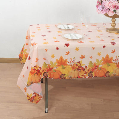 5-Pack Plastic Tablecloths Orange Thanksgiving Rectangle with Fall Leaves Pumpkin Print - Festive PVC Disposable Table