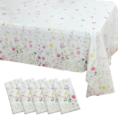 5-Pack Plastic Tablecloths White/Green Spring Floral Rectangle with Wild Flowers Butterfly Print - Durable PVC