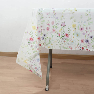 5-Pack Plastic Tablecloths White/Green Spring Floral Rectangle with Wild Flowers Butterfly Print - Durable PVC