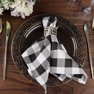 5 Pack Polyester 15"x15" Napkins Black/White Buffalo Plaid Gingham Style Cloth Napkins for Casual & Outdoor Dining - Linen Luxes