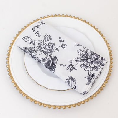 5 Pack Polyester 20’’x20’’ Dinner Napkins White with Black French Toile Pattern - Reusable Floral Cloth Napkins