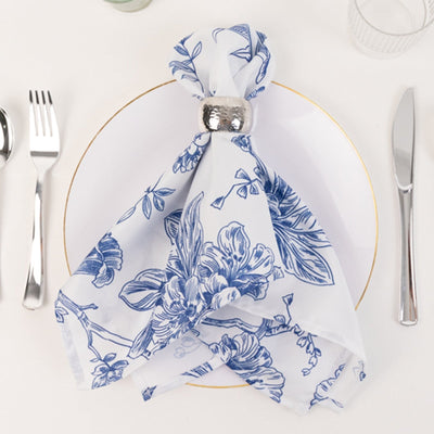 5 Pack Polyester 20’’x20’’ Dinner Napkins White with Blue French Toile Pattern - Reusable Floral Cloth Napkins - Napkins