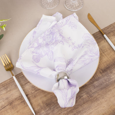 5 Pack Polyester 20’’x20’’ Dinner Napkins White with Lavender Lilac French Toile Pattern - Reusable Floral Cloth