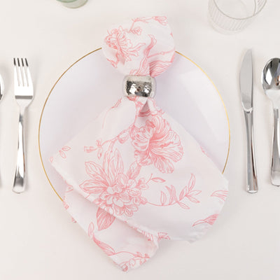 5 Pack Polyester 20’’x20’’ Dinner Napkins White with Pink French Toile Pattern - Reusable Floral Cloth Napkins - Napkins