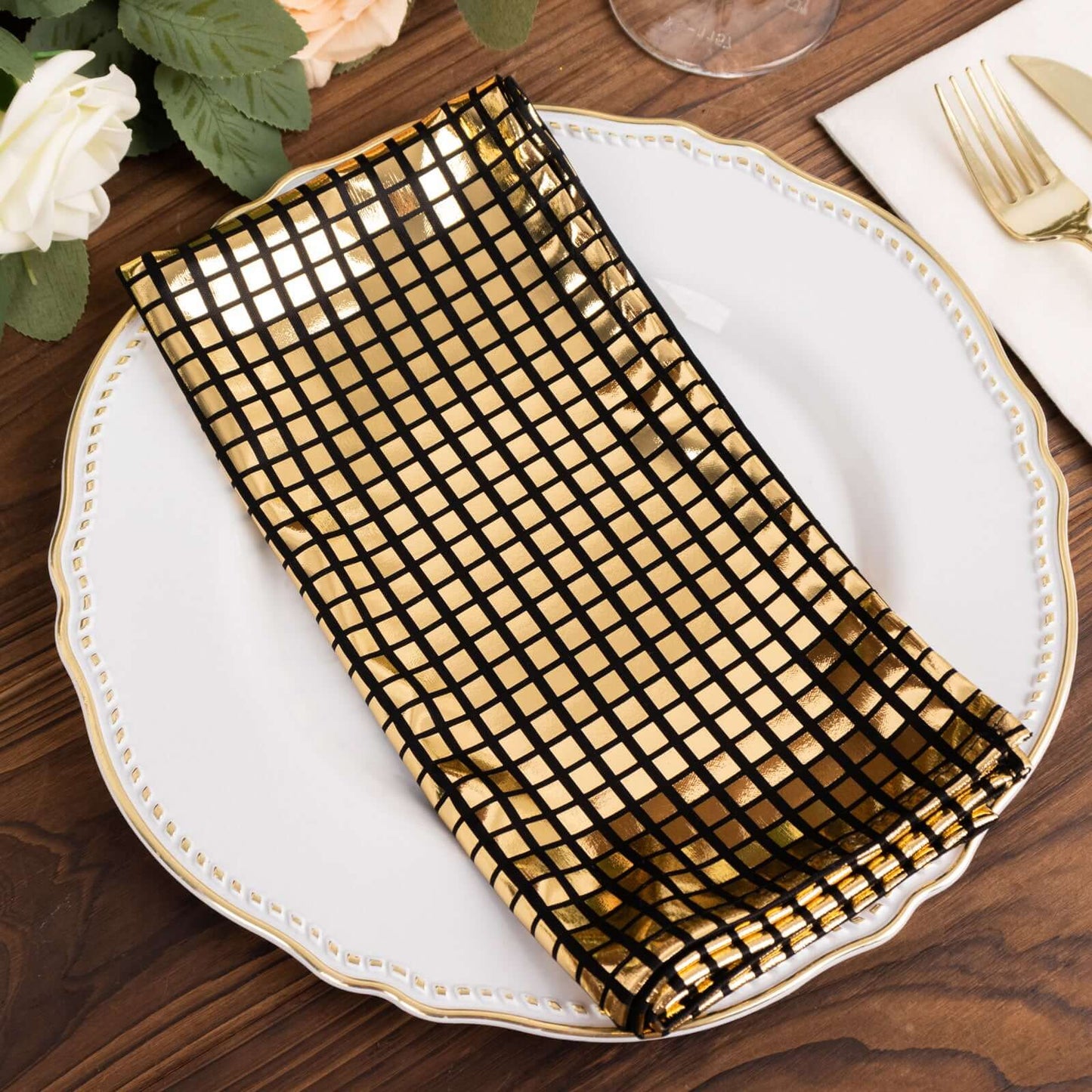 5 Pack Polyester 20"x20" Napkins Black with Reflective Gold Foil for Luxe Events & Retro Themes