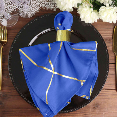 5 Pack Polyester 20"x20" Napkins Royal Blue with Gold Geometric Foil Pattern - Modern Reusable Dinner Napkins