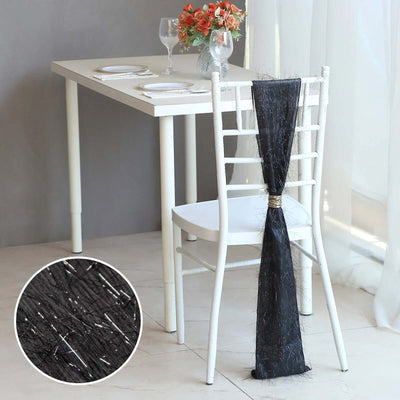 5 Pack Polyester Chair Sashes Black Metallic Tinsel Fringe - Easy to Use Chair Bows 6’’x108’’ - Chair Sashes