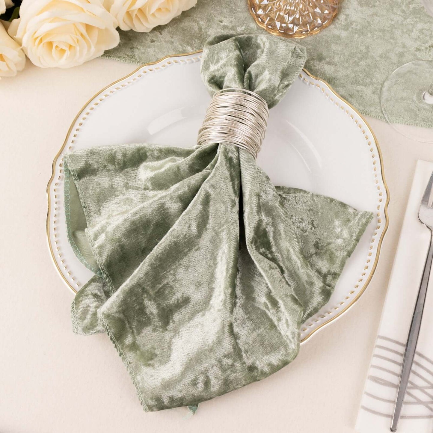 5 Pack Premium Crushed Velvet 20"x20" Napkins Sage Green - Rich & Textured Finish Dinner Napkins
