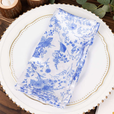 5 Pack Satin 20’’x20’’ Napkins White/Blue French Toile Pattern - Classy & Easy to Maintain Cloth Napkins for Weddings &