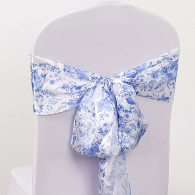 5 Pack Satin Chair Sashes White/Blue French Toile Floral Pattern - Wrinkle-Resistant & Reusable Chair Bows