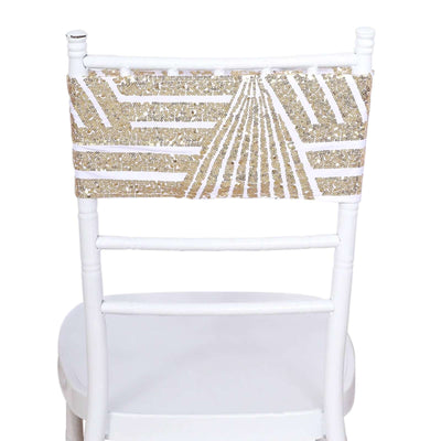 5 Pack Sequin Spandex Chair Sash White with Gold Geometric Diamond Glitz Pattern - Durable & Easy To Use Stretchable