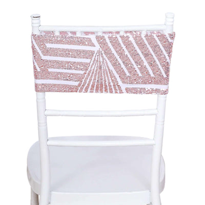 5 Pack Sequin Spandex Chair Sash White with Rose Gold Geometric Diamond Glitz Pattern - Durable & Easy