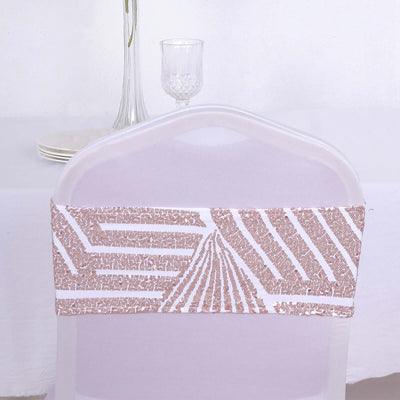 5 Pack Sequin Spandex Chair Sash White with Rose Gold Geometric Diamond Glitz Pattern - Durable & Easy