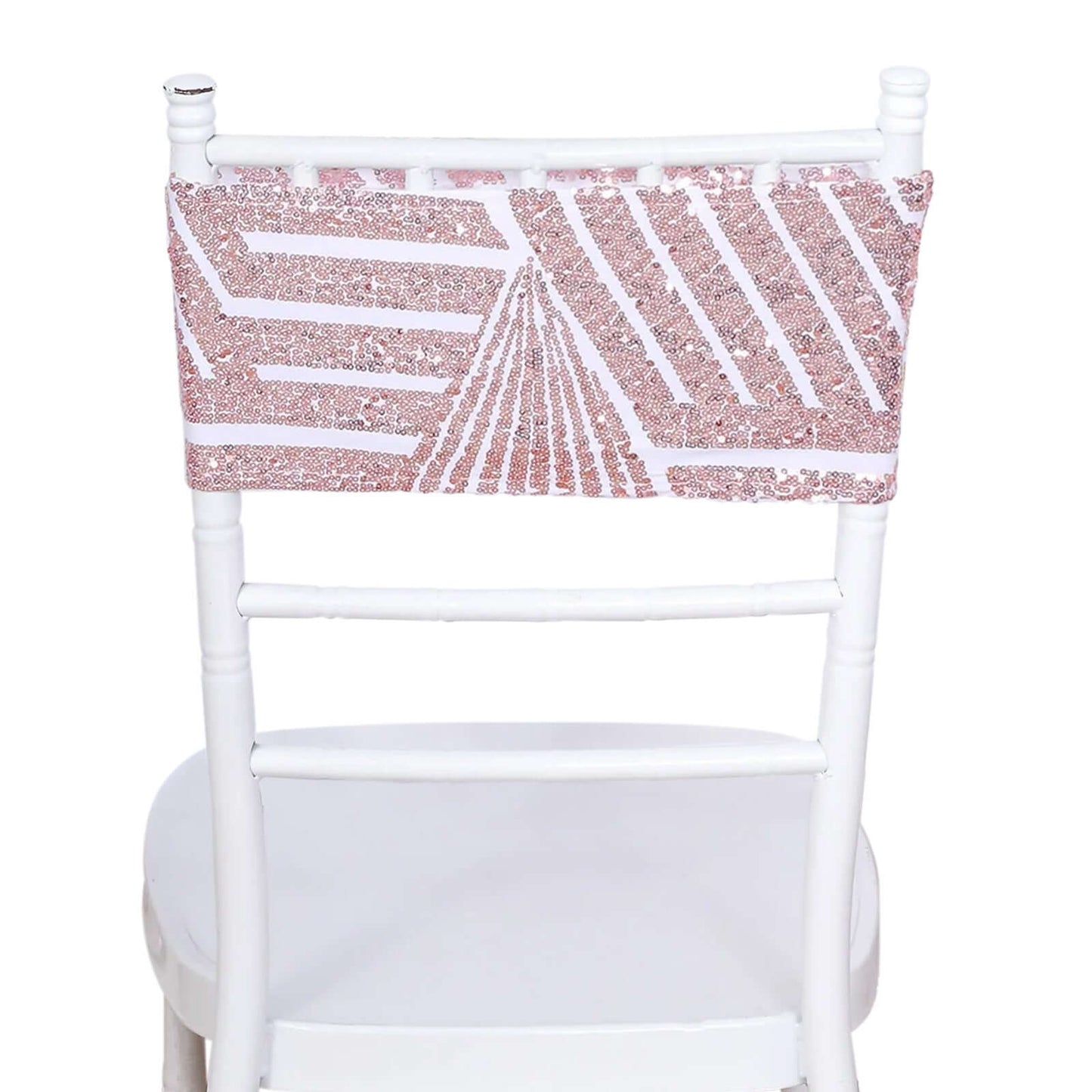5 Pack Sequin Spandex Chair Sash White with Rose Gold Geometric Diamond Glitz Pattern - Durable & Easy To Use Stretchable Chair Bands