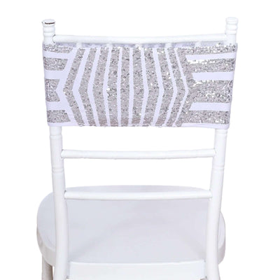 5 Pack Sequin Spandex Chair Sash White with Silver Geometric Diamond Glitz Pattern - Durable & Easy To Use Stretchable