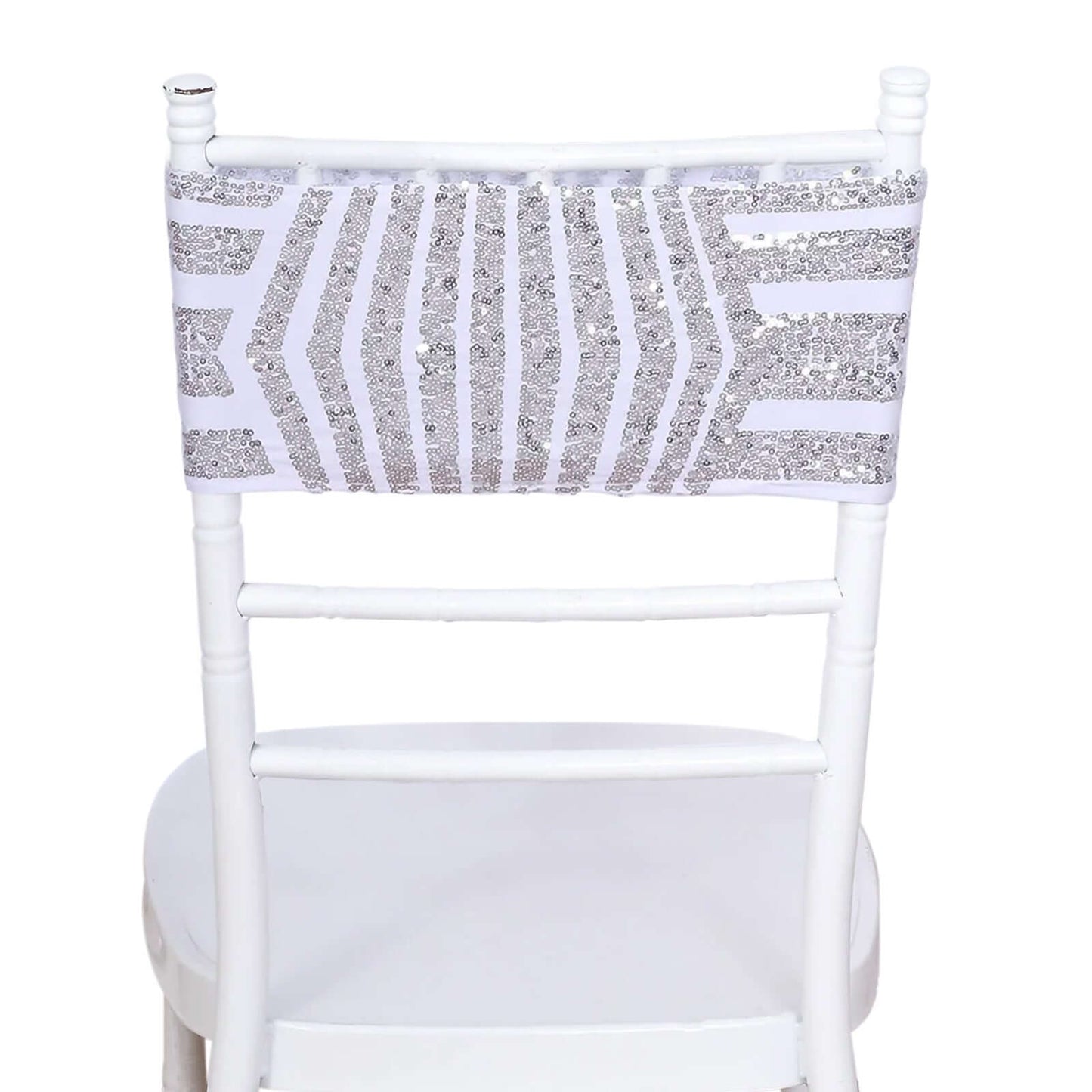 5 Pack Sequin Spandex Chair Sash White with Silver Geometric Diamond Glitz Pattern - Durable & Easy To Use Stretchable Chair Bands
