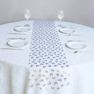5 Pack Sheer Organza 11’’x108’’ Table Runner Rolls White Disposable with Metallic Gold Foil Butterflies Motifs - Runners