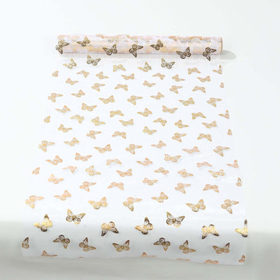 5 Pack Sheer Organza 11’’x108’’ Table Runner Rolls White Disposable with Metallic Gold Foil Butterflies Motifs - Runners
