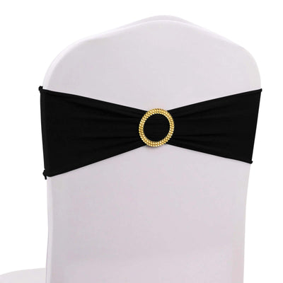 5 Pack Spandex Chair Sashes Black with Gold Rhinestone Buckles - Reusable Four-Way Stretch Sash Bands 5’’x14’’ - Chair